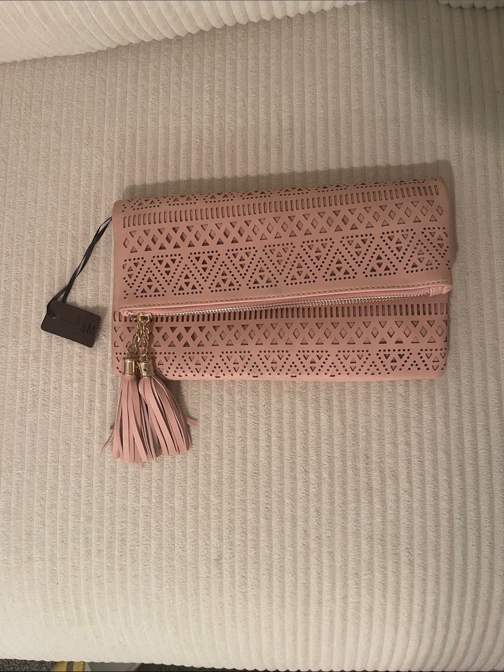 Women’s Pink Laser-Cut Tassel Foldover Clutch - Picture 2 of 8